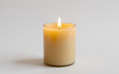 A lit candle in a clear glass holder, emitting a warm glow against a neutral background