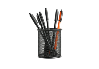 A floating pen holder cup with pens, horizontally aligned, on a solid white background