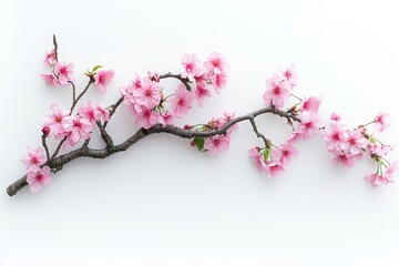 A webpage banner of fresh bright pink cherry blossom flowers on a tree branch in spring, sakura springtime season, isolated against a white background