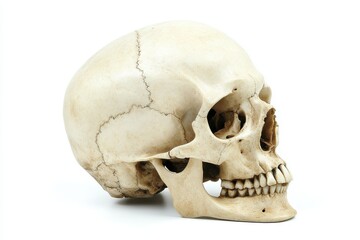 Obraz premium Isolated Natural White Human Skull Profile Against a Clean Background for Medical and Health Illustrations