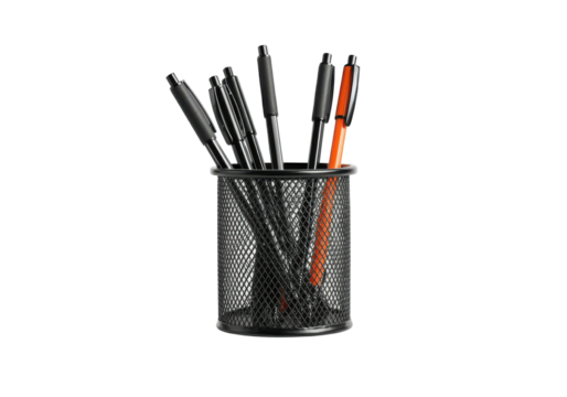 A floating pen holder cup with pens, horizontally aligned, on a solid white background