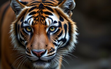 Naklejka premium Close-up of a tiger with striking orange fur and intense green eyes, showcasing its bold stripes and natural beauty
