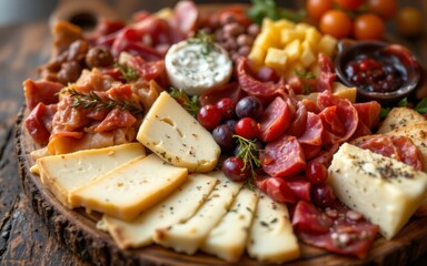 An assortment of cheeses, cured meats, fruits, and nuts artfully arranged on a wooden platter