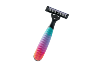 A floating shaving razor with colorful handle, horizontally aligned, on a solid white background