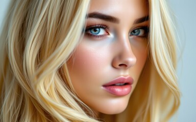Fototapeta premium Close-up portrait showcasing a woman with striking blue eyes and soft blonde hair, featuring radiant skin tones