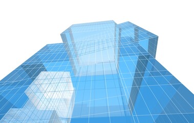 Futuristic glass building wireframe, blue and white architectural concept