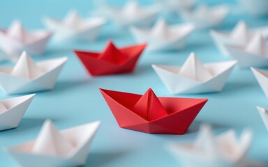 A vibrant red origami boat stands out among white ones on a blue background, creating a striking visual contrast