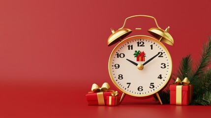 Christmas Alarm Clock with Gifts and Pine Branch on Red Background