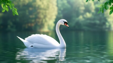 Fototapeta premium Elegant White Swan on Serene Green Lake Under Soft Sunlight