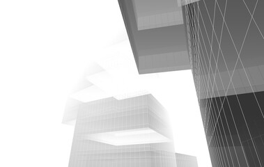 Futuristic glass building wireframe, black and white architectural concept
