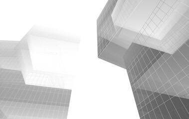 Futuristic glass building wireframe, black and white architectural concept