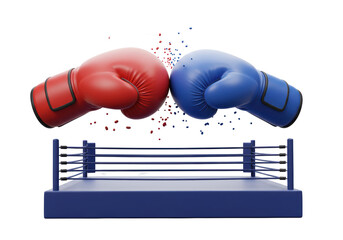 Isolated Boxing Ring with Red and Blue Gloves in Action