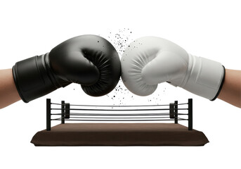Isolated Boxing Ring with Black and White Gloves About to Clash
