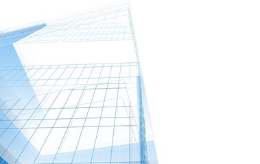 Futuristic glass building wireframe, blue and white architectural concept