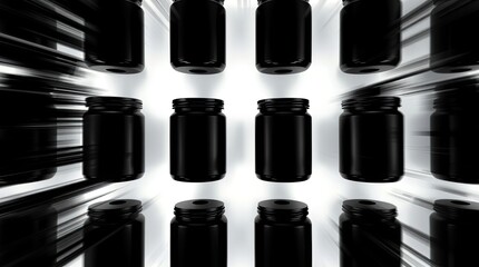 Obraz premium A grid of blank black cylindrical containers with lids.