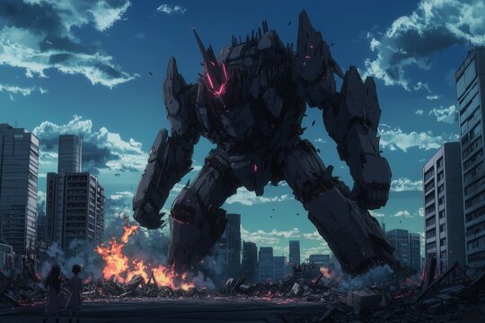 An anime robot fighting a giant monster in a destroyed metropolis. Anime