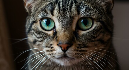 Closeup Portrait of Tabby Cat with Emerald Eyes