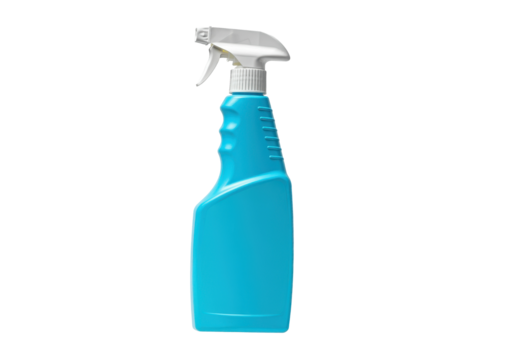 floating bottle of glass cleaner spray, horizontally aligned, on a solid white background