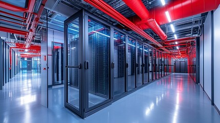 Interior view of a data center featuring servers and piping