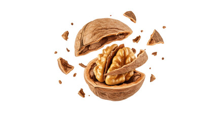 Isolated Exploding Walnut with Shell Pieces Scattered in Air