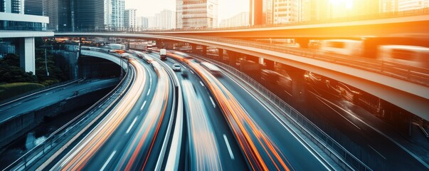 Busy city highway at sunrise