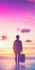 Fototapeta premium Silhouette of Traveler with Suitcase at Sunset Beach