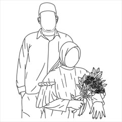 Lineart Couple Hijab Holding Flower