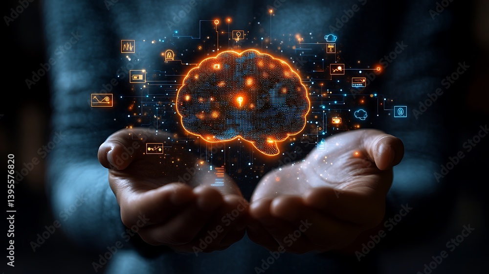 Poster digital brain concept in hands: artificial intelligence, machine learning, and technology solutions 