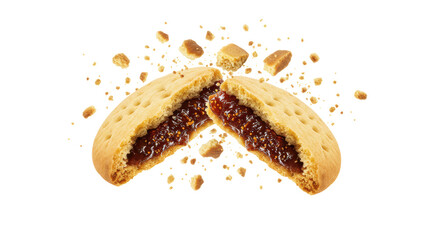 Isolated Fig Jam Filled Cookie Crumbling in Mid Air