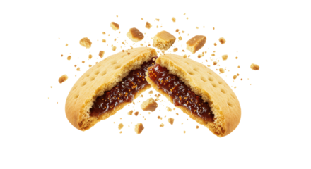 Isolated Fig Jam Filled Cookie Crumbling in Mid Air