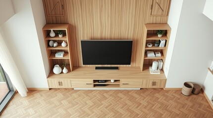 A modern, light-toned living room entertainment center with built-in shelving.