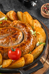 baked sausage with potatoes, Food recipe background. Close up