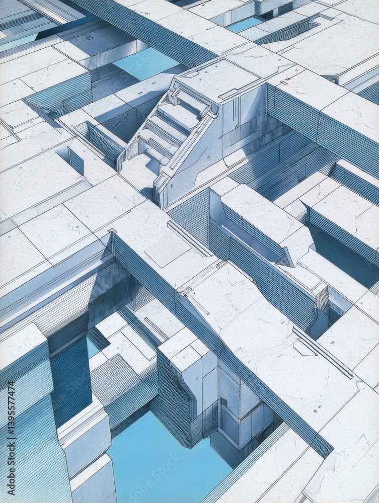 Poster abstract blue architectural sketch with depth and texture implied through line weight variation - cr