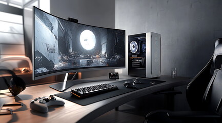 Naklejka premium gaming setup with monitor vr headset controller speakers