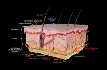 Cross-section of human skin layers, scientific medical Illustration including the epidermis, dermis and hypodermis layers. For medical, dermatological, and educational use.