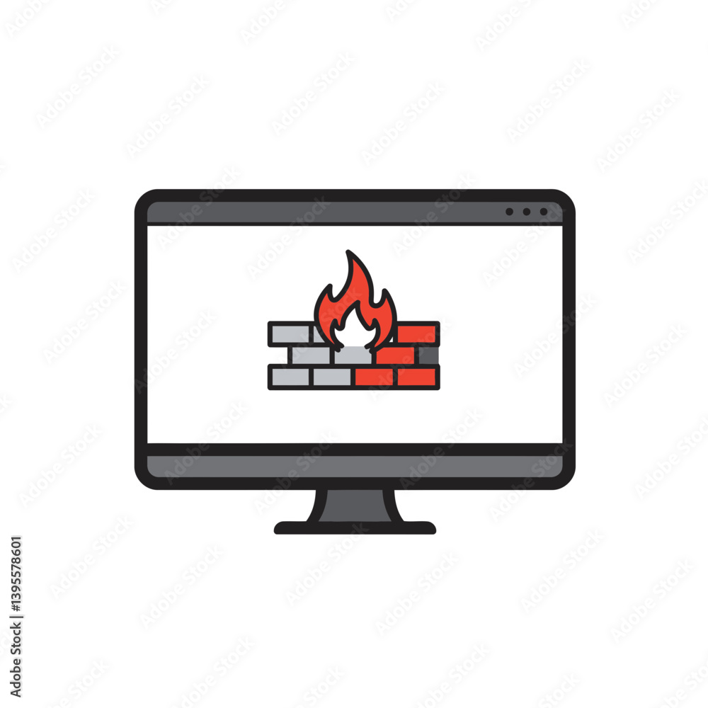 Poster digital fortress: a captivating illustration of a computer monitor displaying a firewall with flames