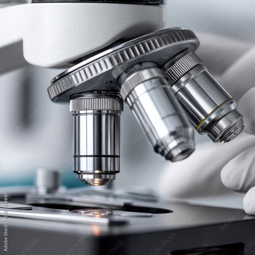 Poster precise measurements taken by a scientist using sophisticated equipment; focus on a microscope - tec
