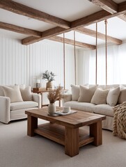 Rustic living room, brown wooden sofa, two white painted sofas, rope hanging swings, exposed beams - calm serene minimalist wooden lifestyle
