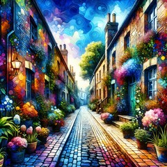 Naklejka premium Vibrant colors fill a charming cobblestone street lined with colorful buildings and lush plants. The sky is brilliantly blue, adding a dreamlike quality to the scene. (Gen, A.I.)