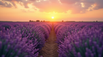Fototapeta premium Serene Lavender Field at Sunset with Golden Horizon