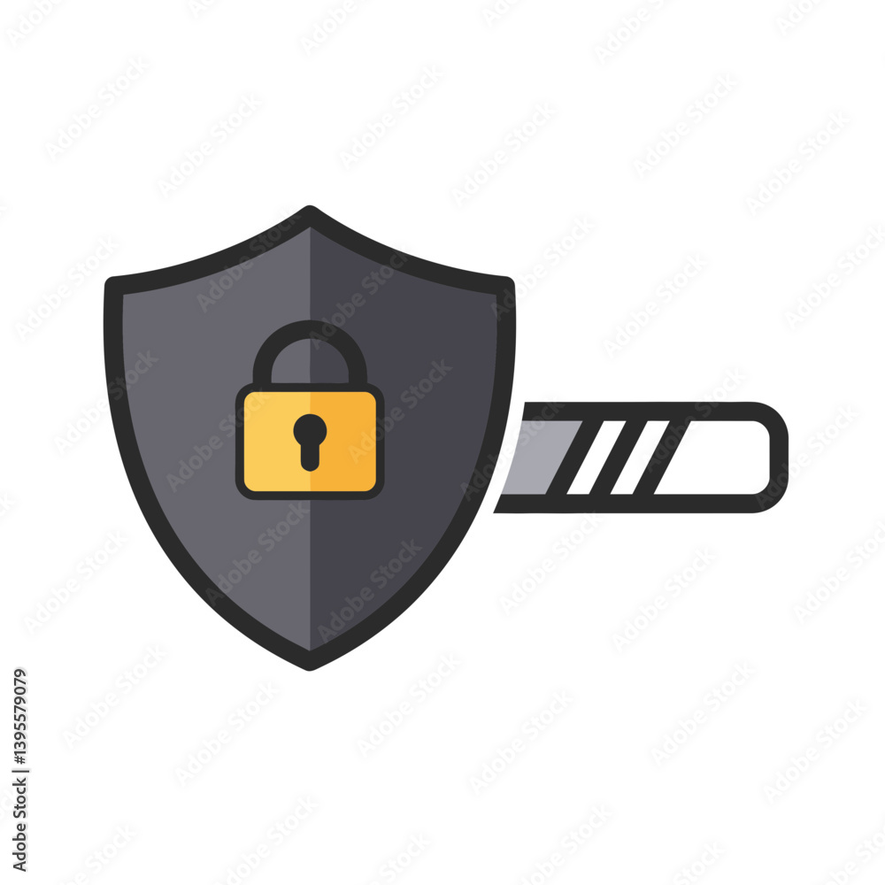 Poster data security concept: a digitally rendered image showcasing a protective shield with a secure padlo