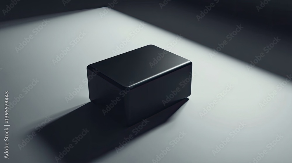 Poster a glossy black rectangular prism casts a shadow on a light gray surface.