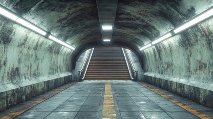 Obraz premium An old weathered tunnel features a set of stairs illuminated with lights