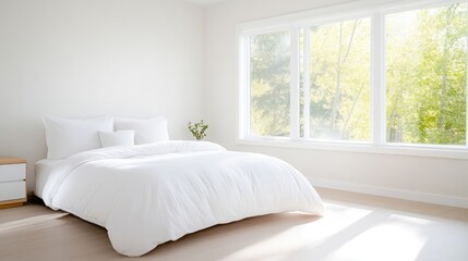Fototapeta premium Bright bedroom with large window