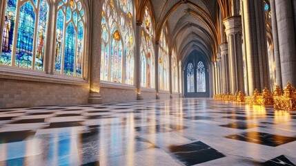 Grand Cathedral Interior with Stained Glass and Reflective Floor