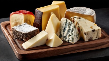 A rustic wooden tray displays an assortment of sliced French cheeses, each piece offering a unique texture and flavor.

