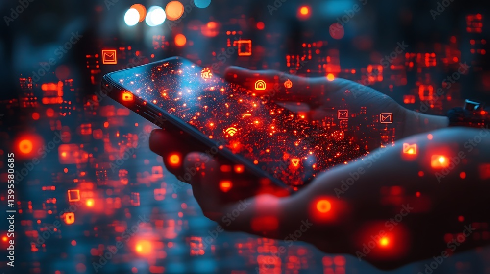 Poster digital future: mobile device displaying glowing network connectivity with hands holding, futuristic