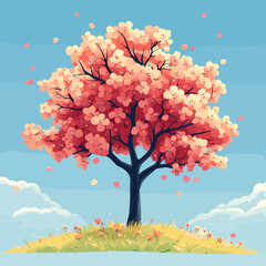 Beautiful cherry blossom tree on a grassy hill with petals falling, under a bright blue sky with clouds. Peaceful and colorful vector landscape with spring and fantasy vibes
