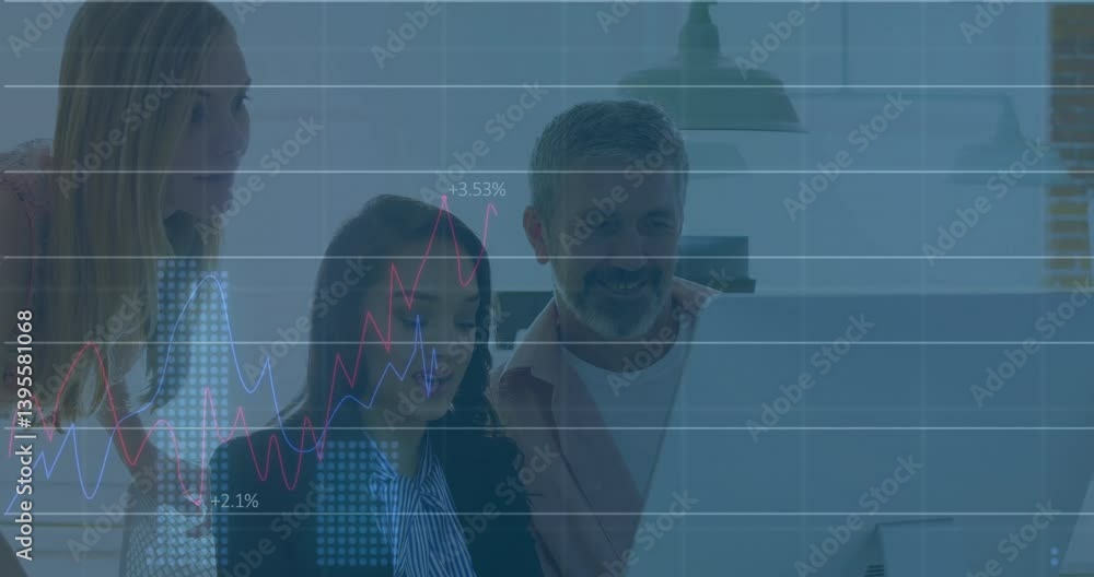 Poster analyzing financial graphs, business professionals using computer in office with animation