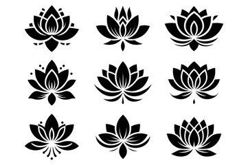 lotus flower silhouette logo set | minimal lotus flower logo set – black silhouette icons for meditation and wellness | minimalist vector icons for yoga and spa